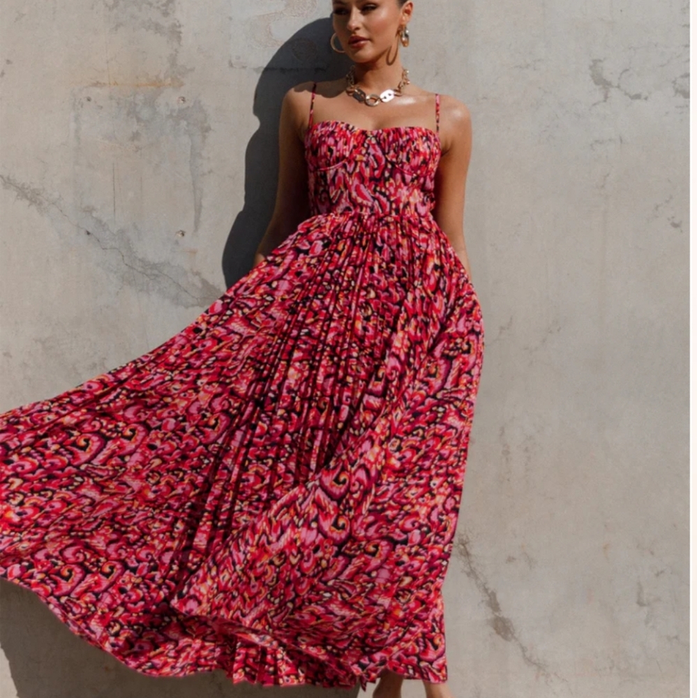 Achanti Pleated Maxi Dress - Pink Multi NWT Medium